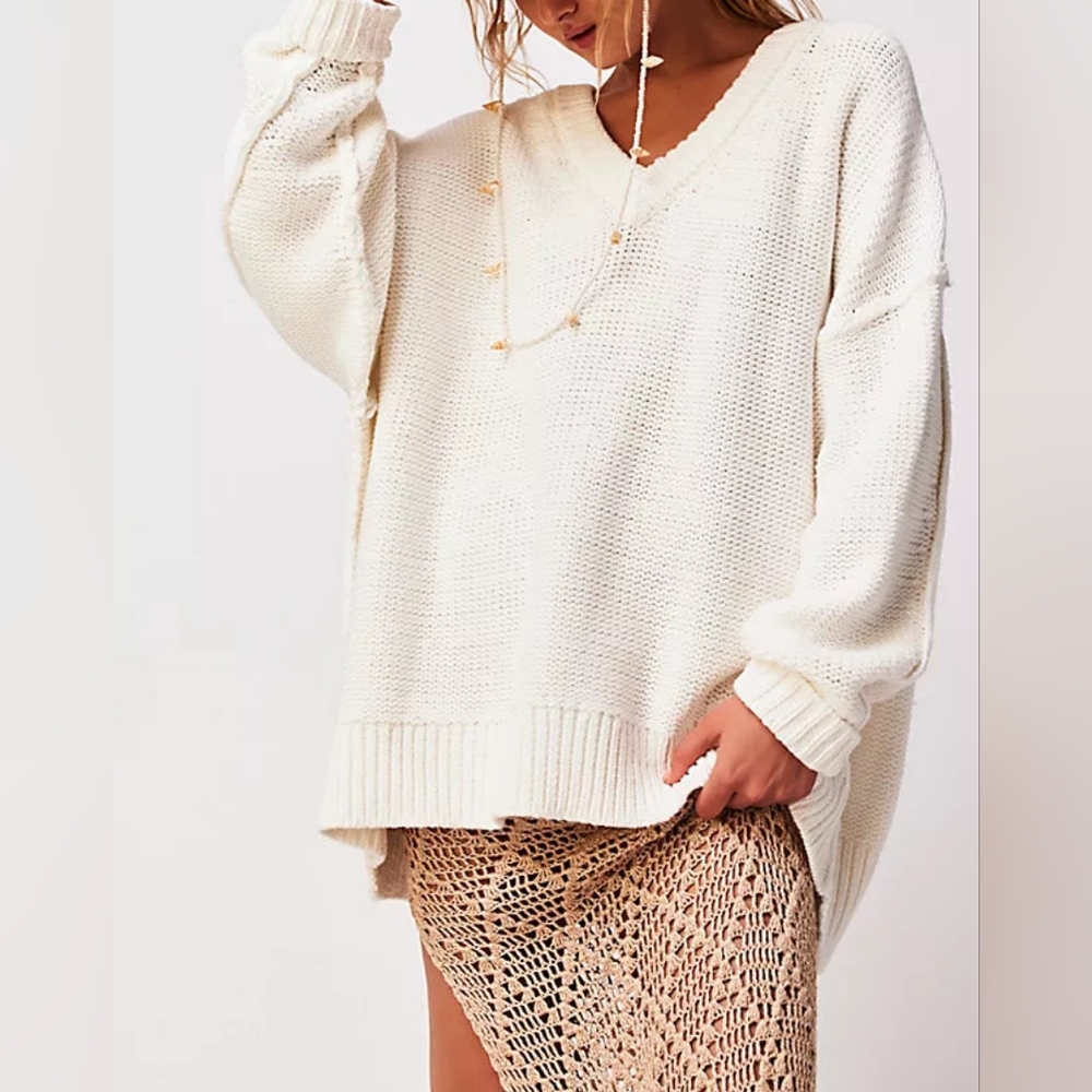 Free People Alli V-Neck Sweater/Optic Whitey6 - Picture 3 of 16